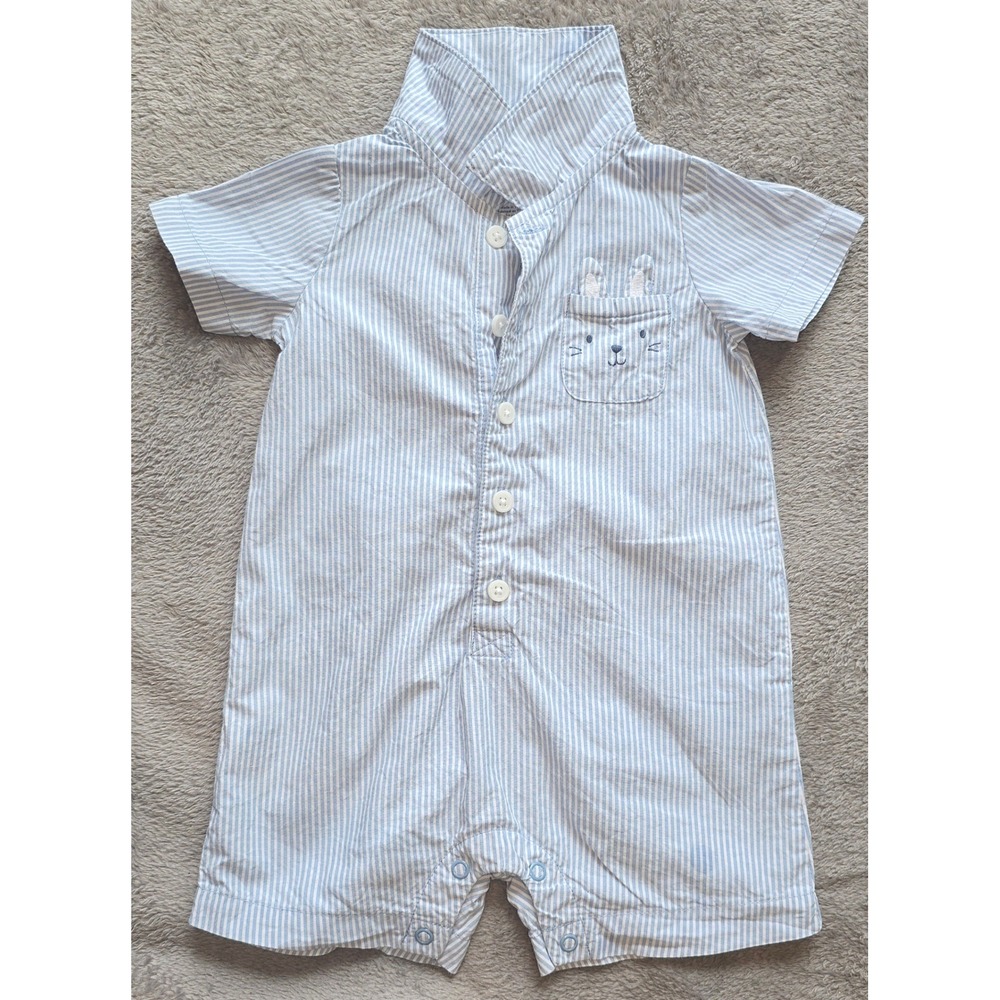 Just One You by Carters Baby Boy Blue White Striped Bunny Romper 9M 1N522010 - Picture 2 of 6